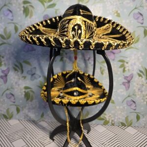 Vintage Mexican Mariachi Sombreros Black Velvet Gold Embroidery Sequin Wall Art